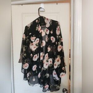 Marybelle Plus Size Black Peachy Floral Print Flowy Short Kimono Size 5X